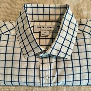 Mizzen+Main Men’s Dark Blue Windowpane Leeward Dress Shirt Small Trim Fit